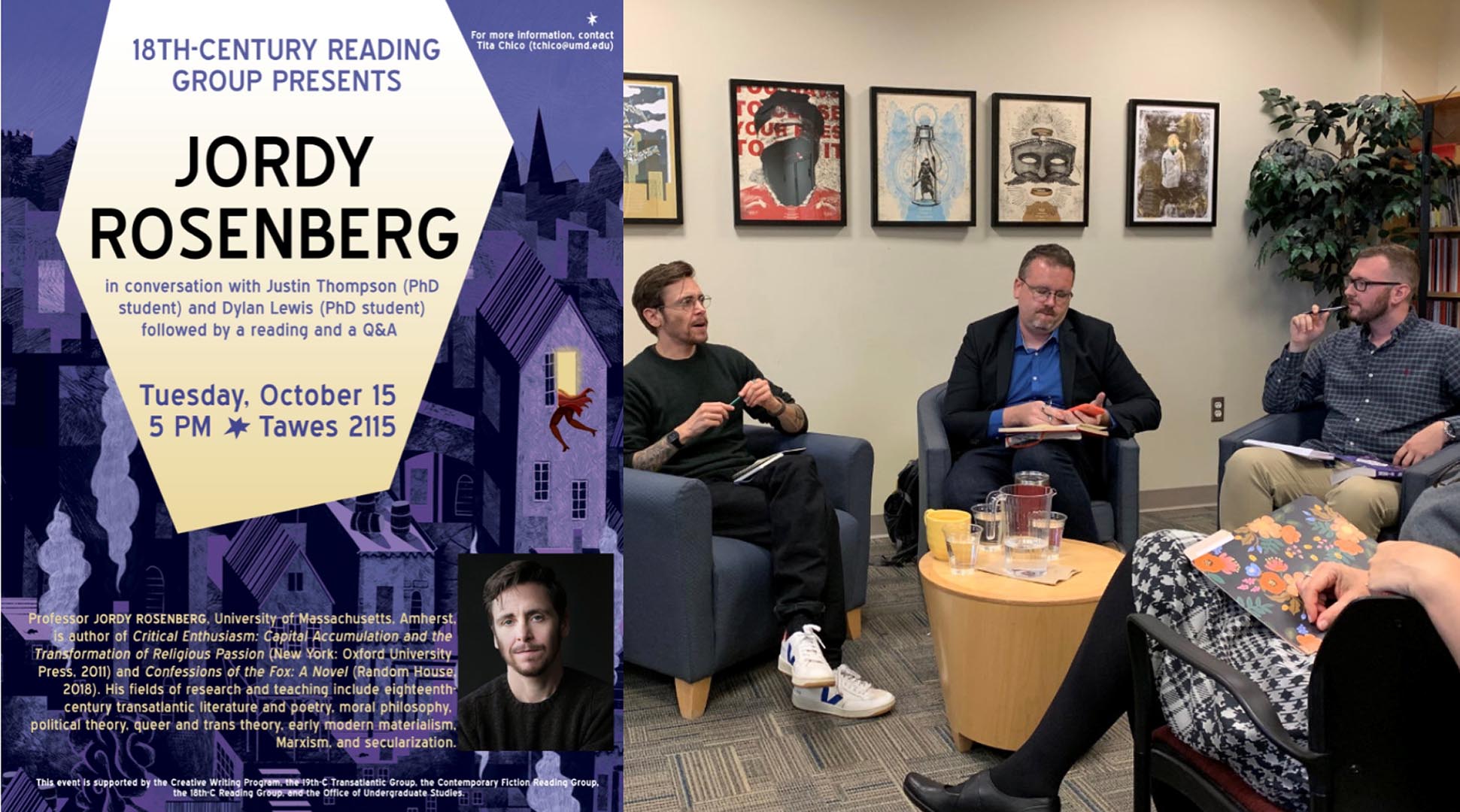 Image: Dylan Lewis (right) and Justin Thompson (center) lead discussion with author Jordy Rosenberg