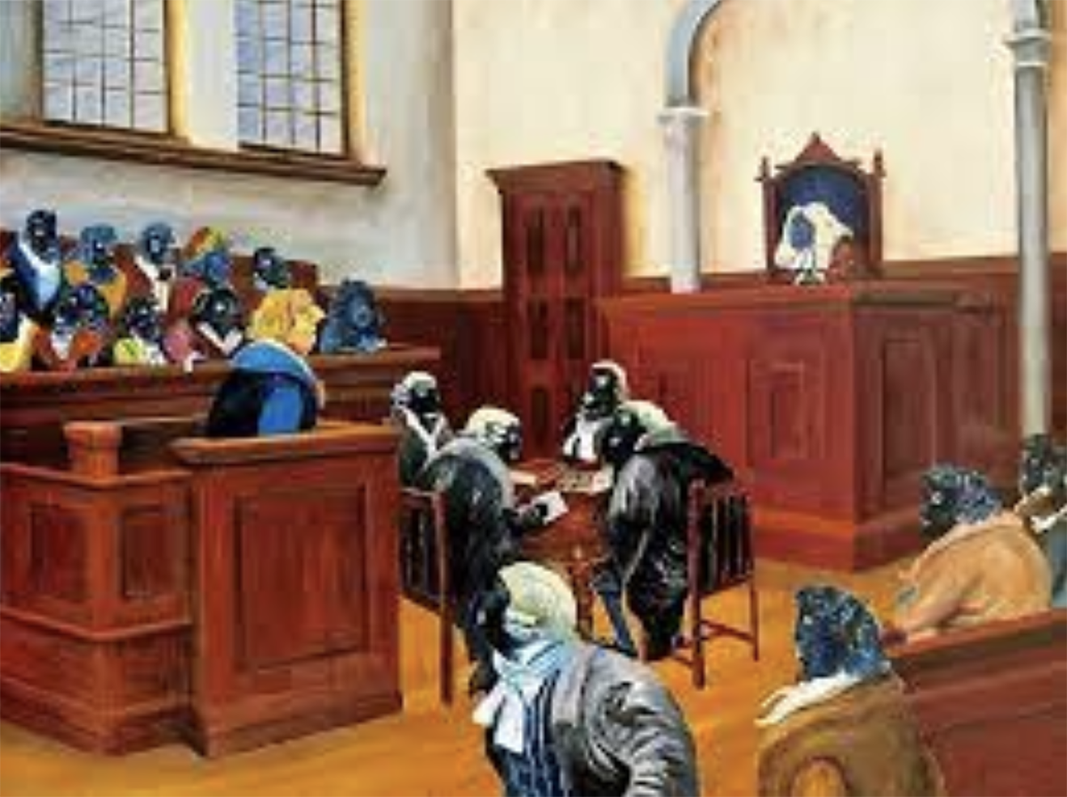 Painted courtroom scene
