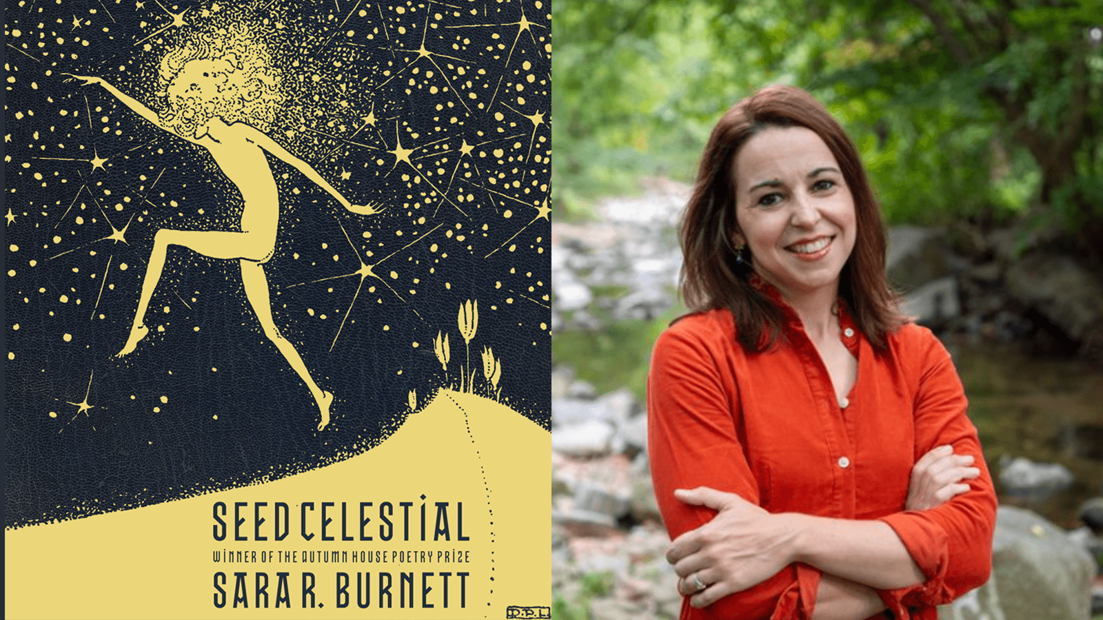 Book Cover Art for Seed Celestial, illustration of a figure dancing among stars. Also headshot of Sara Burnett smiling in red shirt.