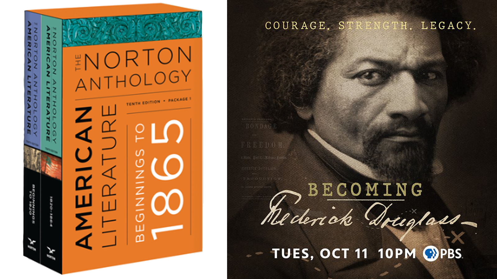An image of the new 1oth edition of the Norton Anthology of American Literature and an image of Frederick Douglass for a documentary Becoming Frederick Douglass