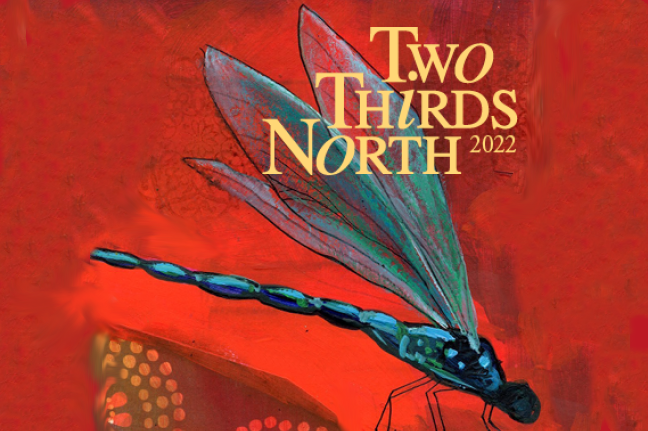 A red background with a blue dragonfly and the text Two Thirds North 2022