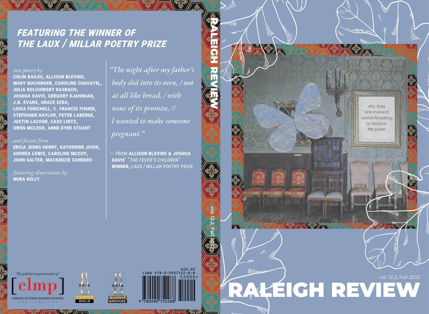 Front and back cover of The Raleigh Review vol 12.2 Fall 2022, Blue cover with collage of buildings and butterfly.