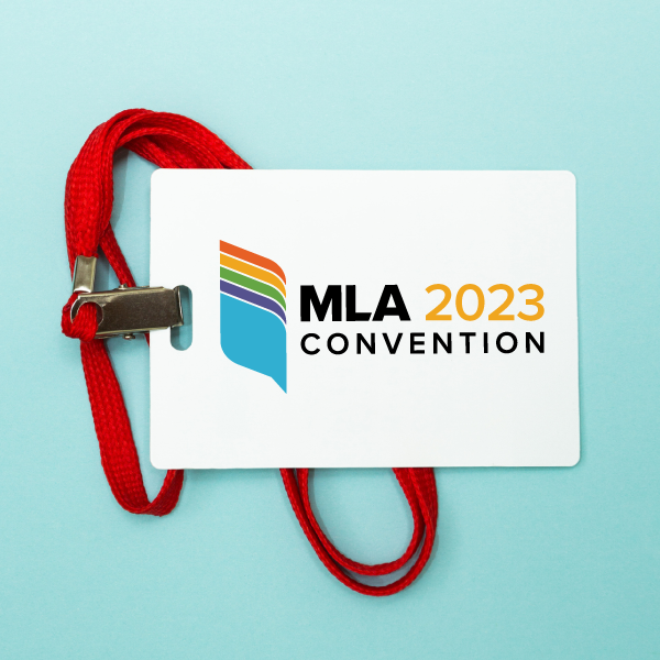 MLA 2023 Convention name badge against a light blue background