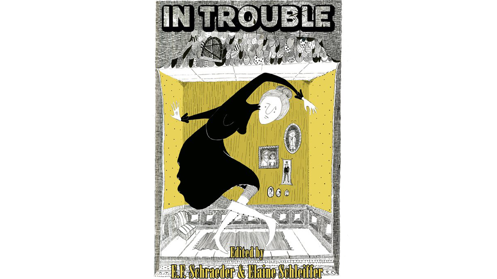 Book Cover of In Trouble, a yellow background and illustration of a woman in a black dress